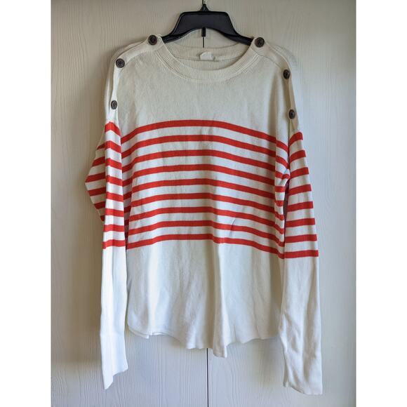 Gap Women's Red & White Striped Button Shoulder Crew Neck Sweater Size L - Picture 1 of 3